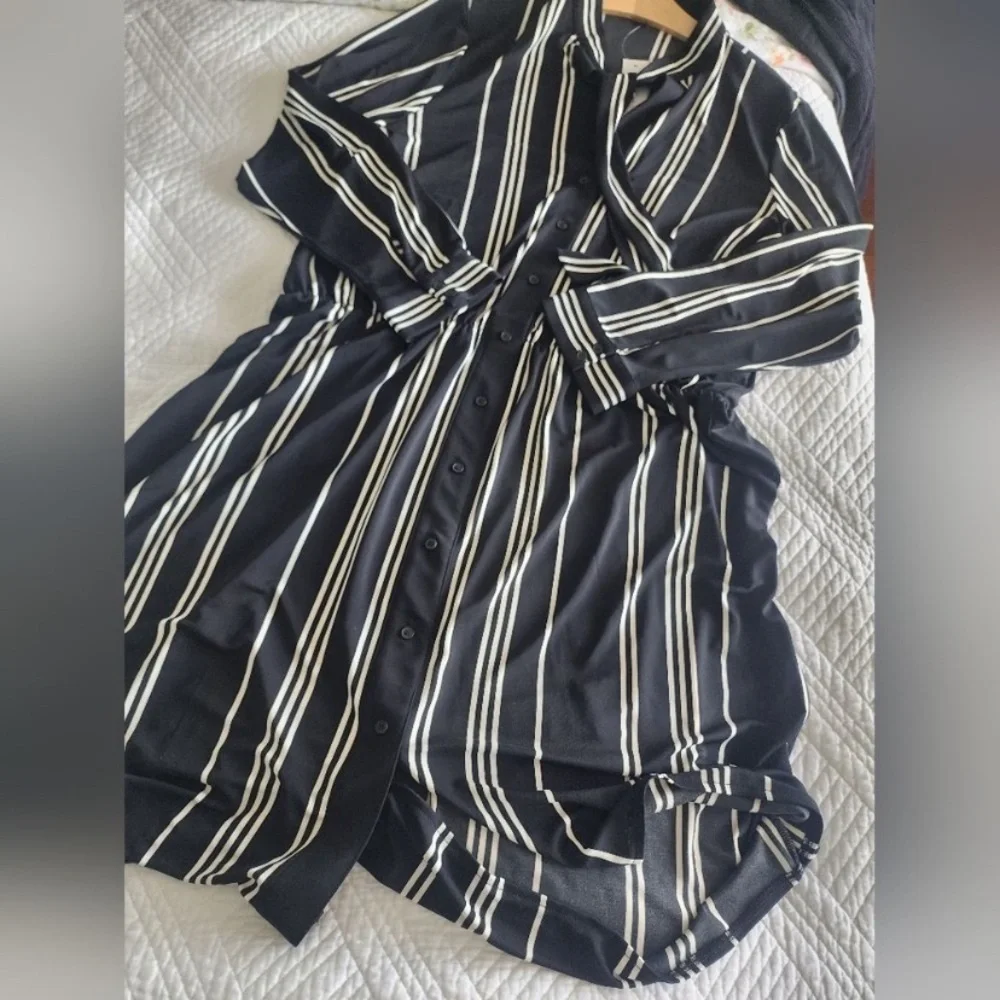 Ann Taylor minimalist contemporary neck tie stripe midi dress - Picture 11 of 14